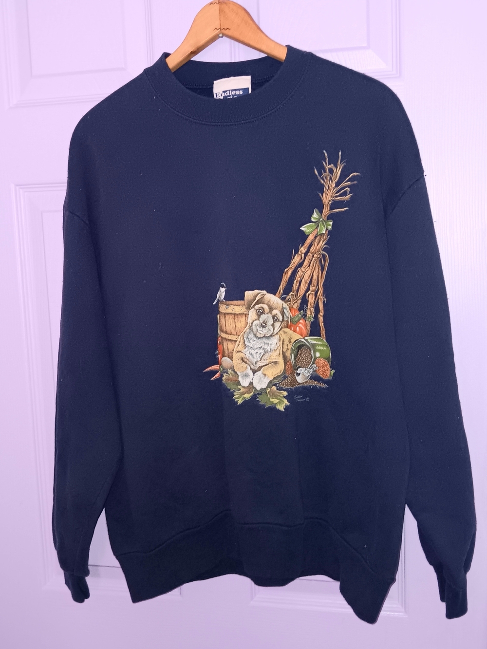 Womens Navy Blue Crewneck Sweatshirt with Adorable Autumn Puppy Graphic Large
